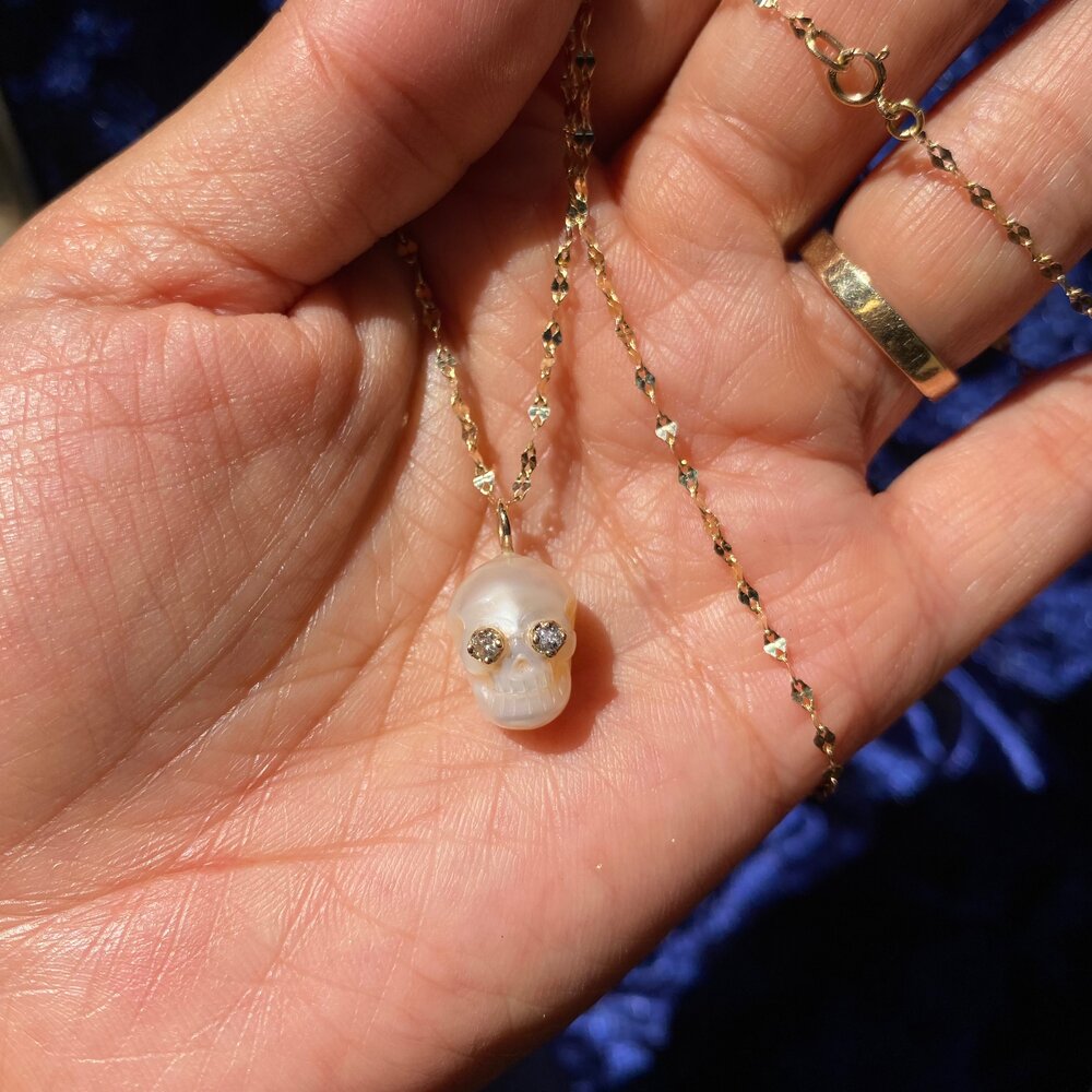 Skull Pearl Necklace - 14K Yellow Gold