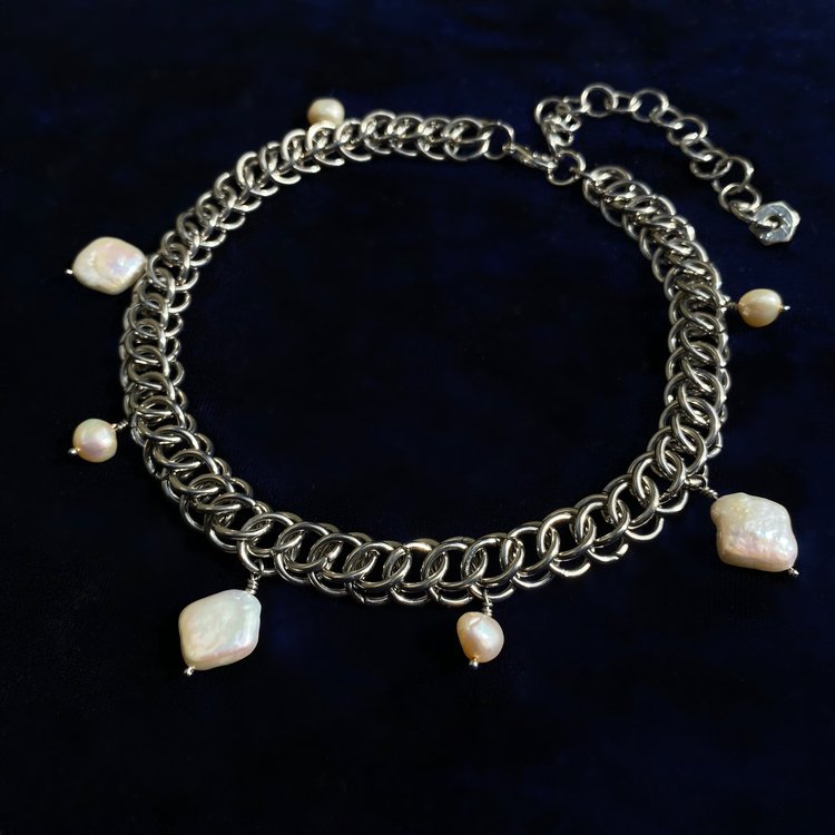 Pearl Drop Chainmail Choker Necklace