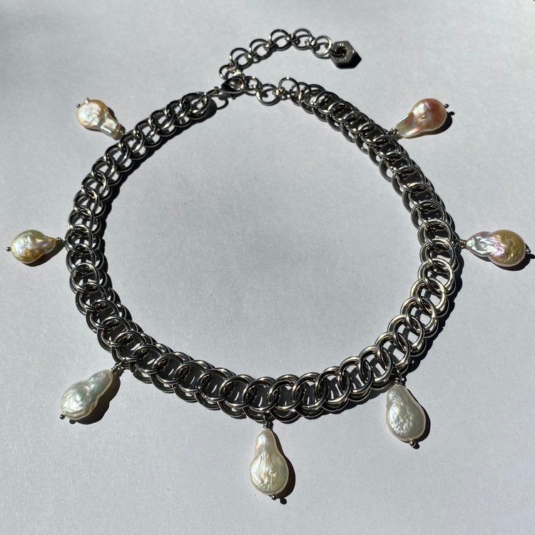 Pearl Drop Chainmail Choker Necklace